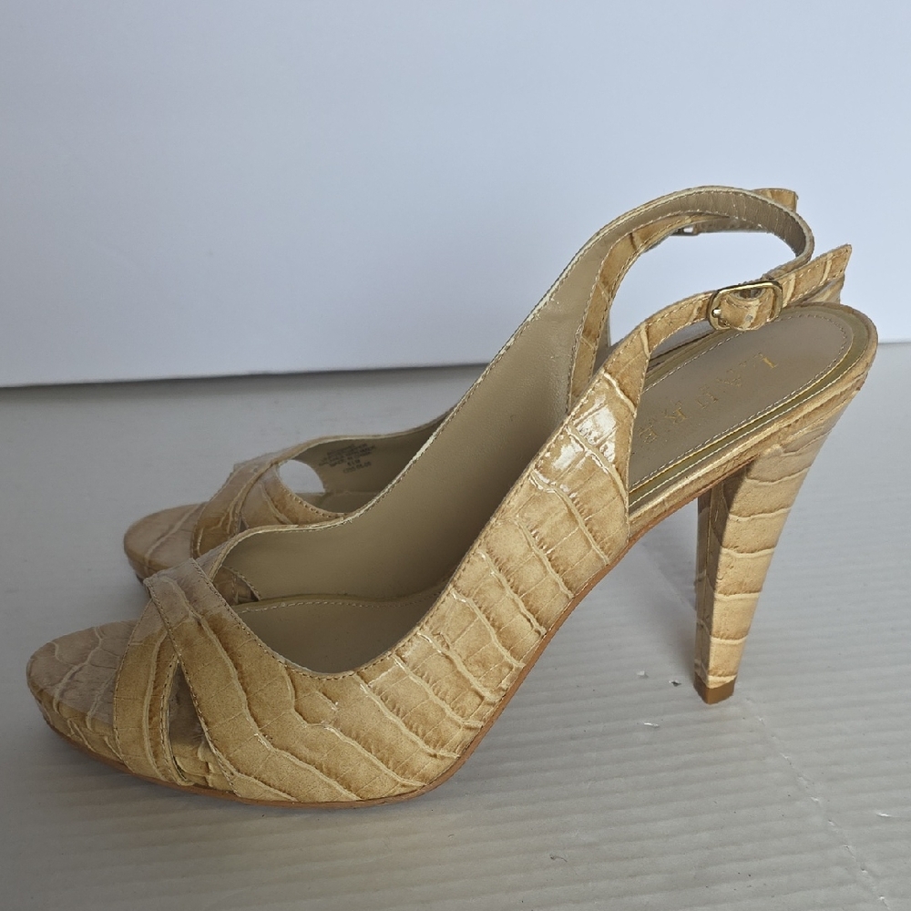 Lauren Ralph Lauren Sling Back Croc-Embossed Tan Heels Size 8.5